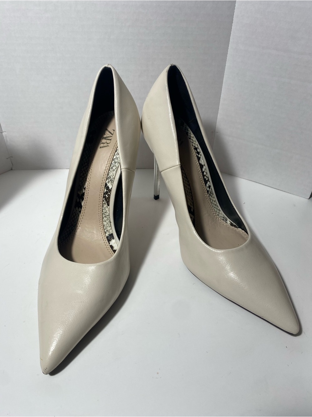 ZARA Beige Pointed Toe Pumps Clear Stiletto Heel Classic Heels Sz 38